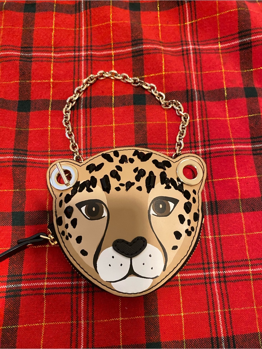 Tan Leopard Face Crossbody Bag with Gold Chain